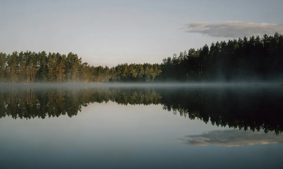 Lac calme entouré de brume, évocation de l'état hypnotique